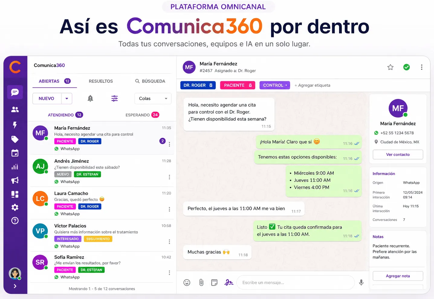 Software multiatención WhatsApp multiagente Comunica360 — bandeja compartida para varios agentes en Lima, Perú